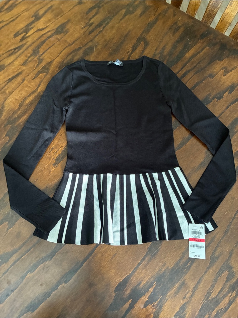 Black Long-Sleeve Peplum Top with Black & White Stripe Hem